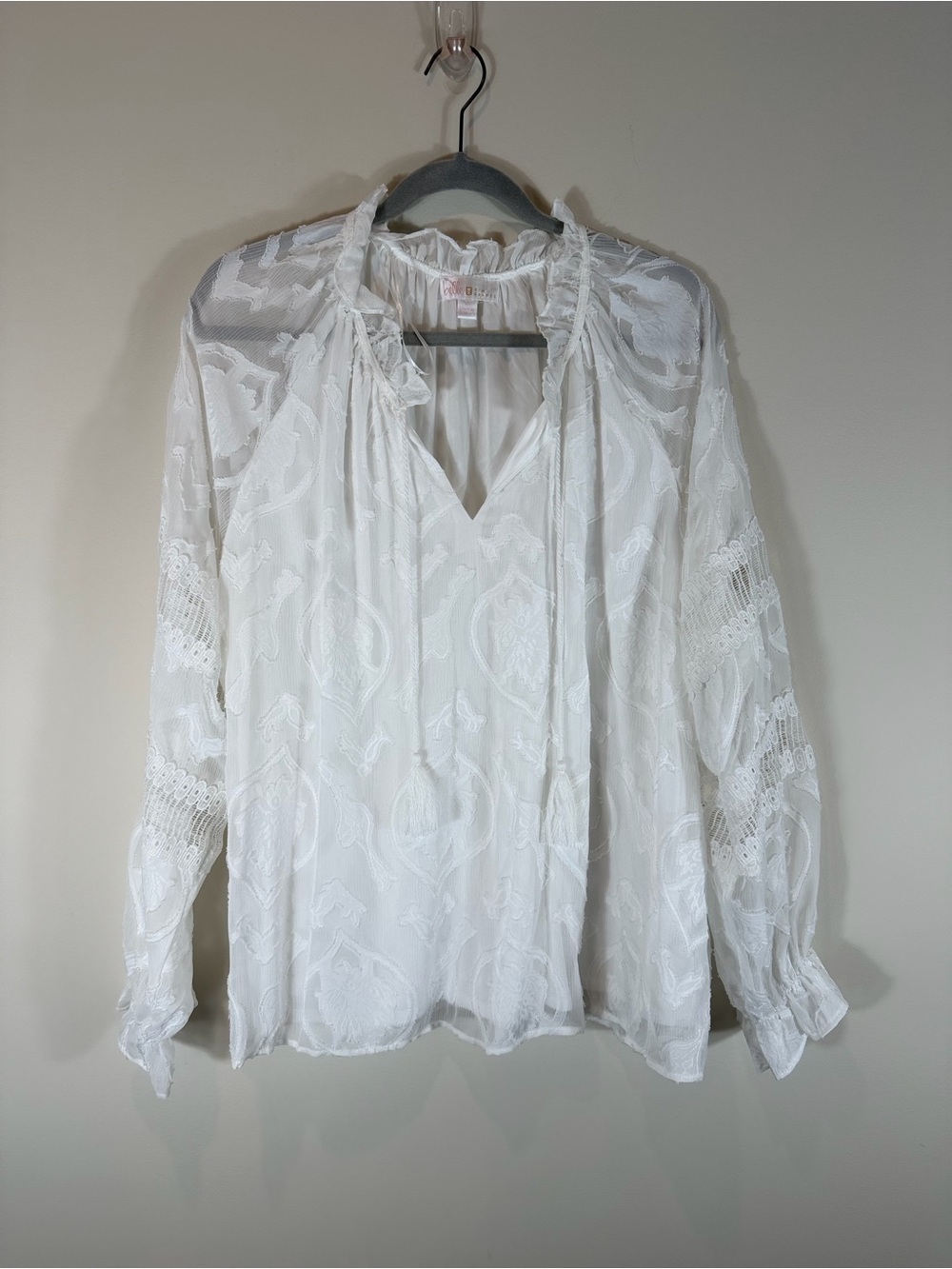 Belle by Kim Gravel White Sheer Lace-Embroidered Peasant Blouse 1X
